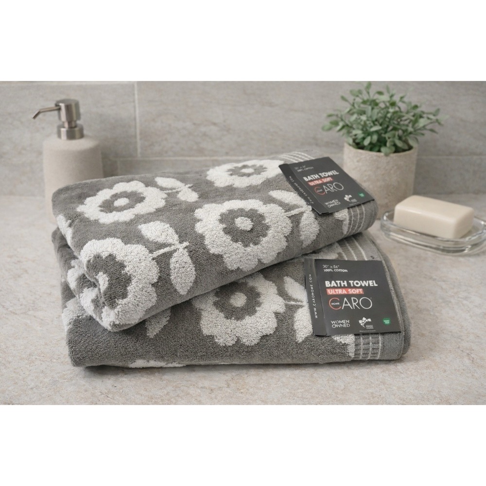 Caro Home Ultra Soft 100% Cotton 2Pc Bath  Towels‎ Gray White Daisy Flower Print
